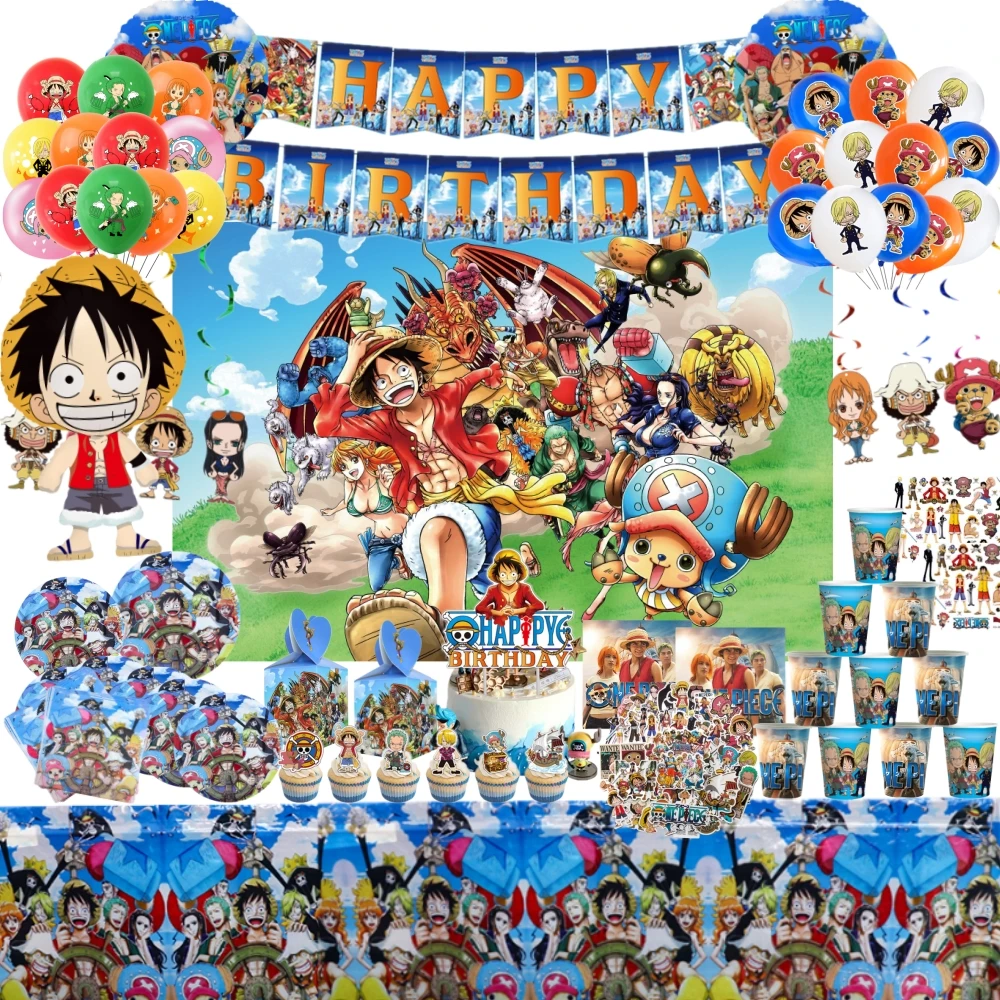 One Piece Birthday Decoration Anime Luffy Zoro Balloons Tableware Flag Hat Backdrops Baby Shower Kids Party Supplies Gift Toy