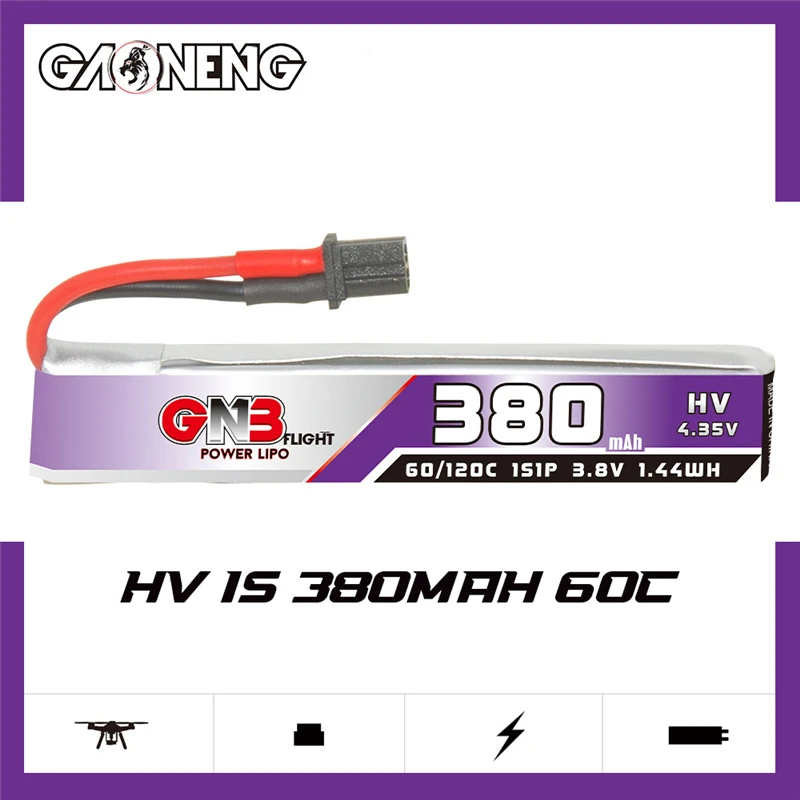 GNB 1S 3.8V 380mAh 60C Lipo Battery Cabled A30 BT2.0 High Current Discharge Connector For FPV RC Tiny Whoop Drone 3.8v Battery 2