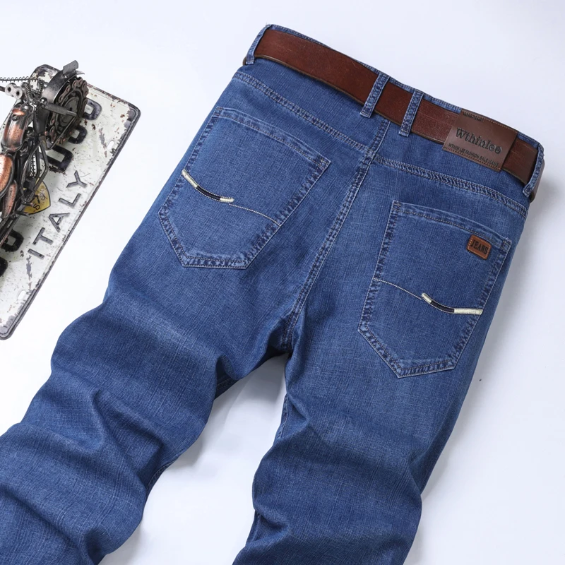 Wthinlee Summer Thin Men's Stretch Straight Jeans Classic Black Blue Business Casual Large Size Denim Pants Brand Trousers 1
