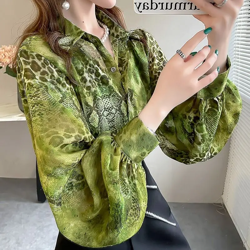 Commute Snake Pattern Printed Blouse 2024 Spring Autumn Turn-down Collar Female Clothing Long Sleeve Fashion Casual Loose Shirt