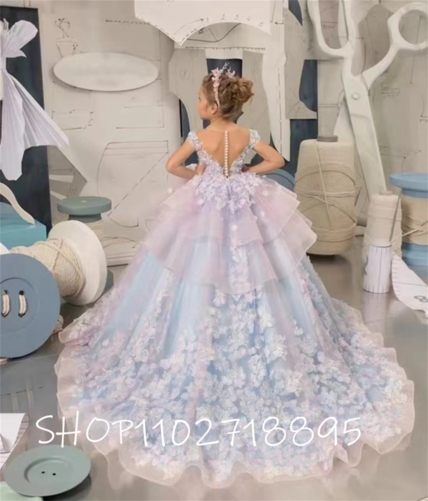

Blue Sweetheart Flower Girl Dress Kids Wedding Party Gown Appliques Princess Birthday Train Gown Pageant Cute Dress for Child