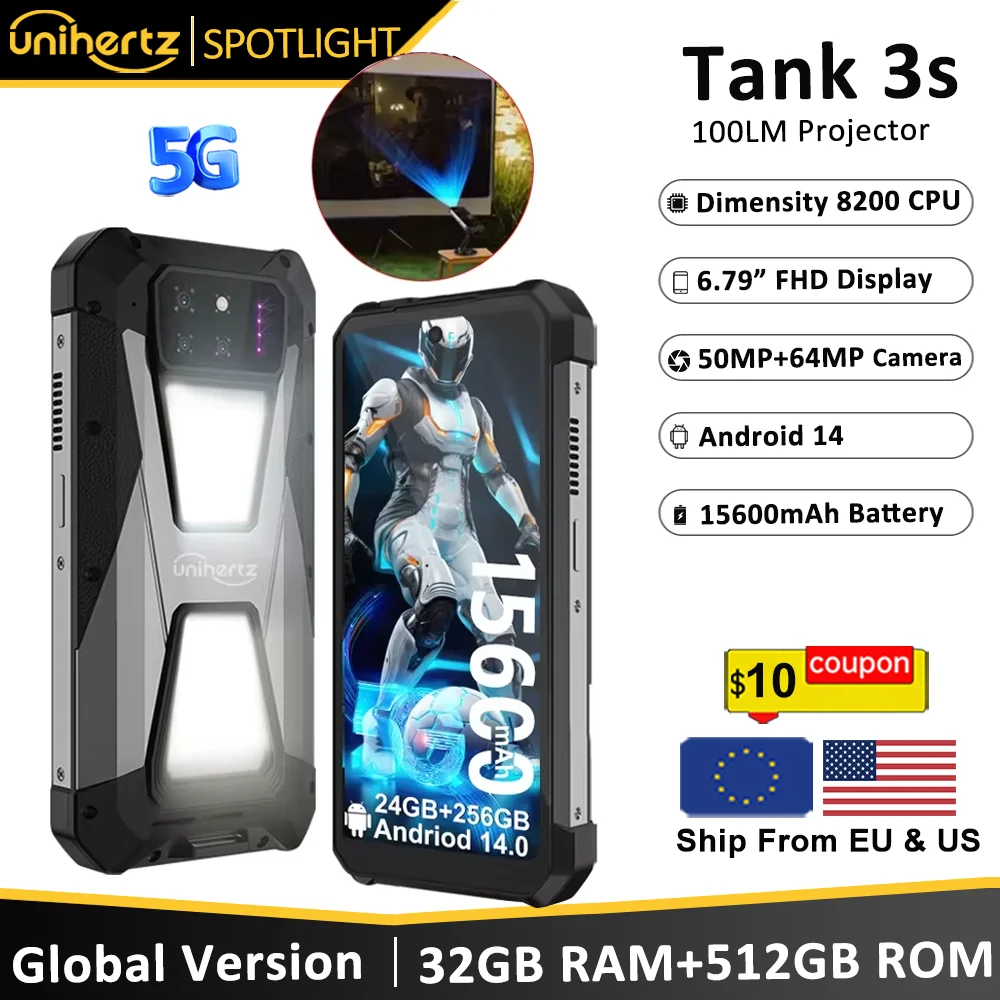 Unihertz tank 3s 8849 powered smartphone with projector 24/32GB