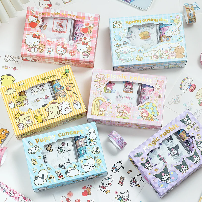 

Sanrio рулон наклеек в подарочной коробке, милый Hello Kitty Cinnamoroll Kuromi My Melody Pompompurin, ручная лента, наклейки, наклейки, детские игрушки