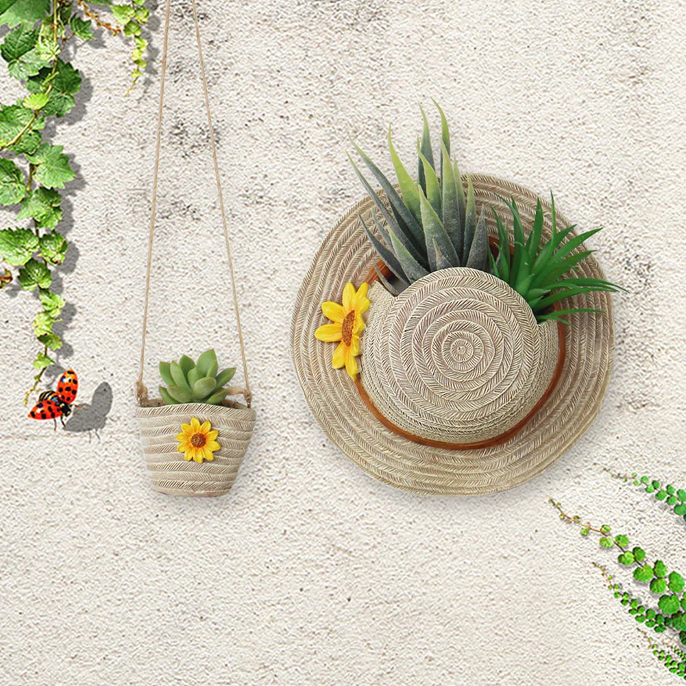 Boho Hat & Bag Planter Imitation Straw Planting Pot Resin Hanging Flower Pot Succulent Plant Pot for Balcony Garden Yard