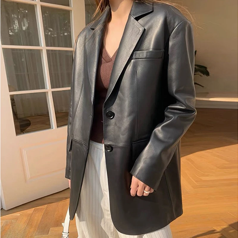 

Autumn Women's Genuine Leather Jacket Suit Female Sheepskin Oversize Casual Coat Blazer Mujer Elegant Mid-length Loose Coats