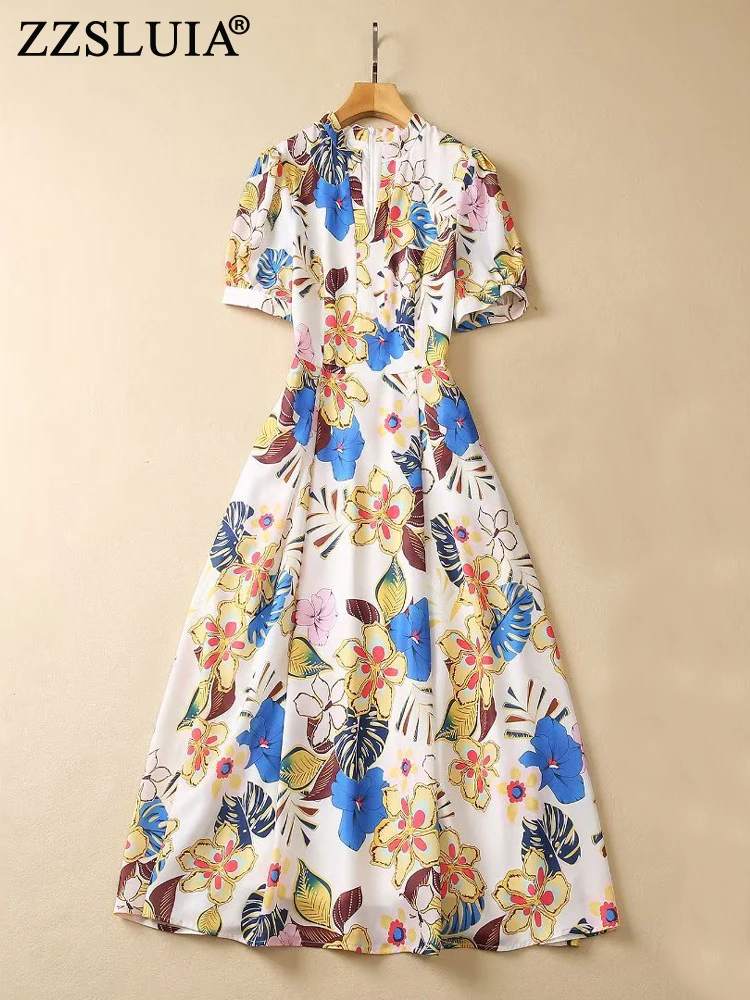 

ZZSLUIA Elegant Dresses For Women Flower Printed Designer Slim Midi Dress Fashion Puff Sleeve France Dresses Female Clothing
