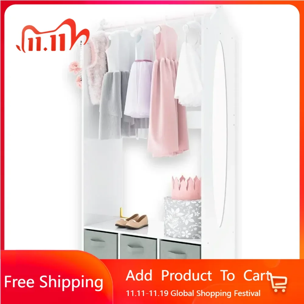 Children's Wardrobes, Dress Up Storage Kids Costume Organizer Center, Open Hanging Armoire Closet Unit Furniture (White)
