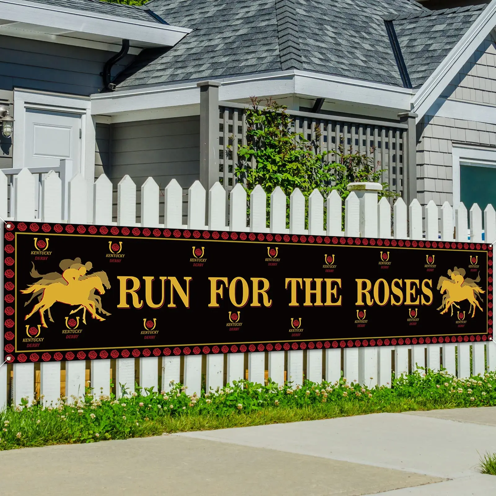 Kentucky Derby Decorations- Run for The Roses Door Cover,Roses Horse Race  Front Porch Sign for Horse Racing Party Door Hanging Banner Door Sign