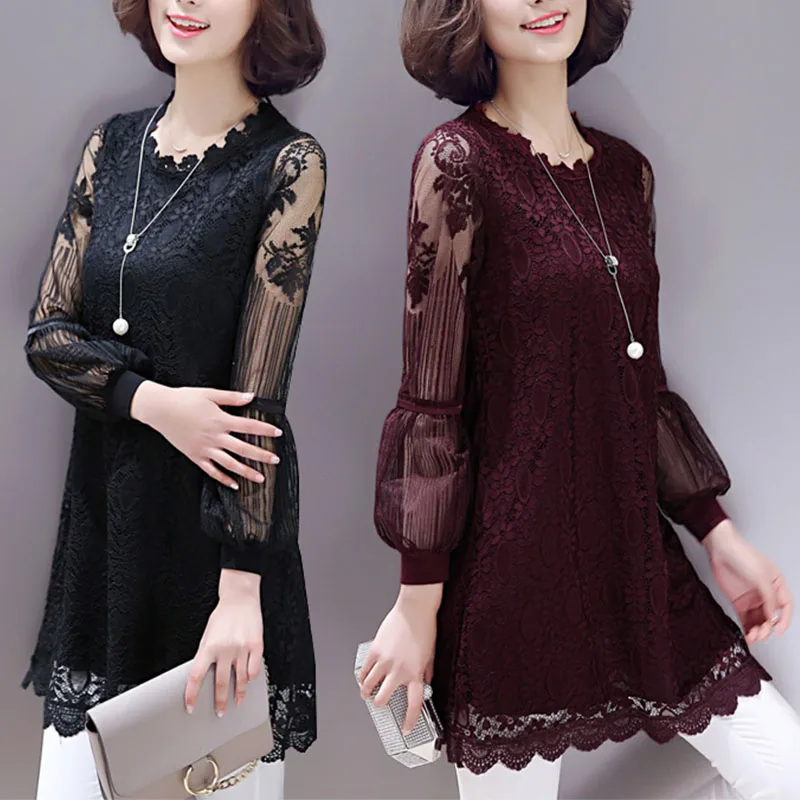 

Vintage Women Casual Midi Blouse Dress Spring Summer Gauze Long Sleeve Hook Flower Hollow Lace Splicing Pullover Female Dresses