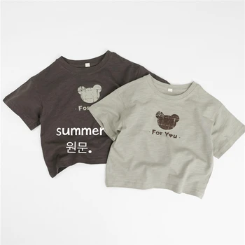 2025 Summer New Girls Cute Bear Print T Shirts Boys Casual Tops Children Short Sleeve T Shirt Loose Baby Cotton Tee Kids Clothes
