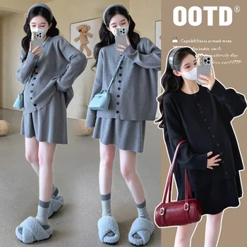 Maternity Spring Autumn Korean Style Minimalist Loose Slimming Knitted Crew Neck Single Breasted Sweater And Skirt Two Piece Set