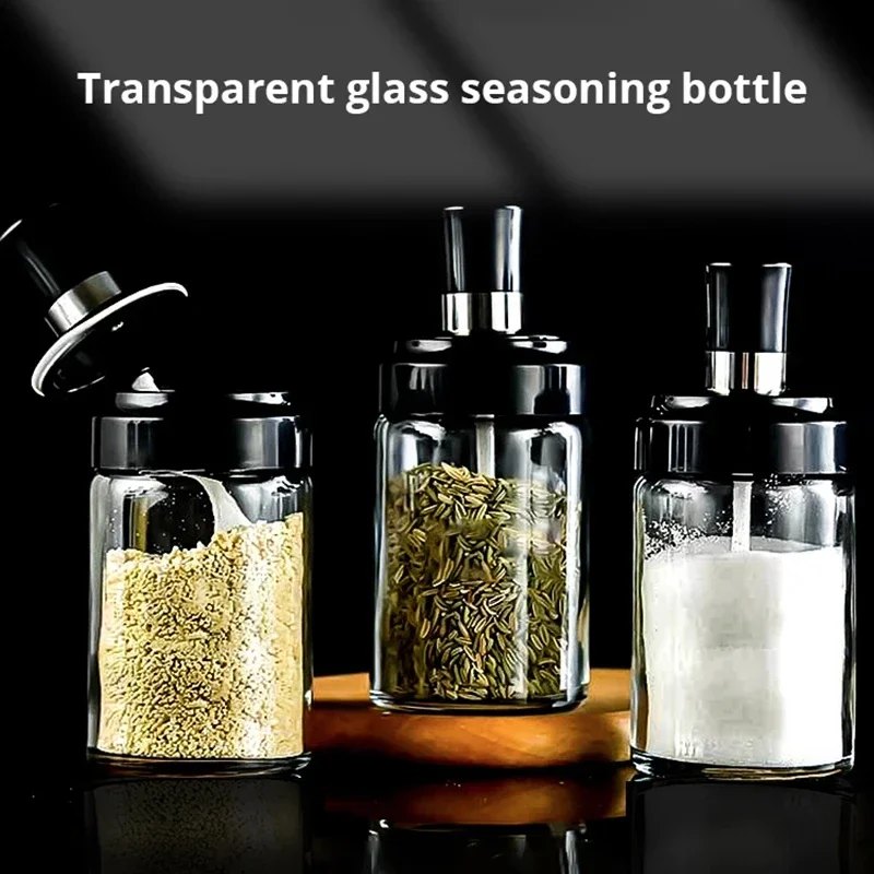 Seasoning Jar 3Pcs 250ml Condiment bottle with spoon Spice Tank Automatic Opening and Closing Plastics for Filling Seasoning Oil Salt Vinegar