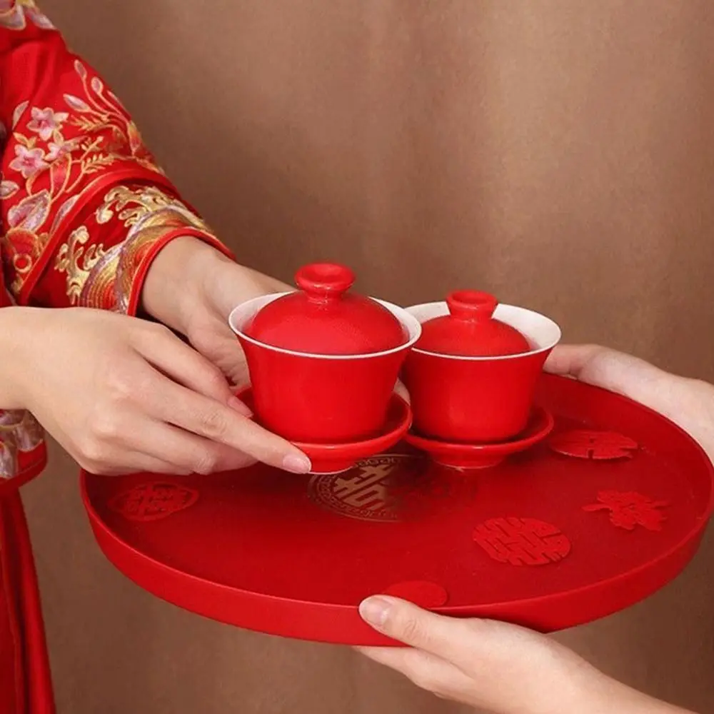 1Pcs Wedding Banquet Red Tray Durable Decorative Snack Fruit Toast Chinese Traditional Plate Festive Supplies Plastic Xi Tray