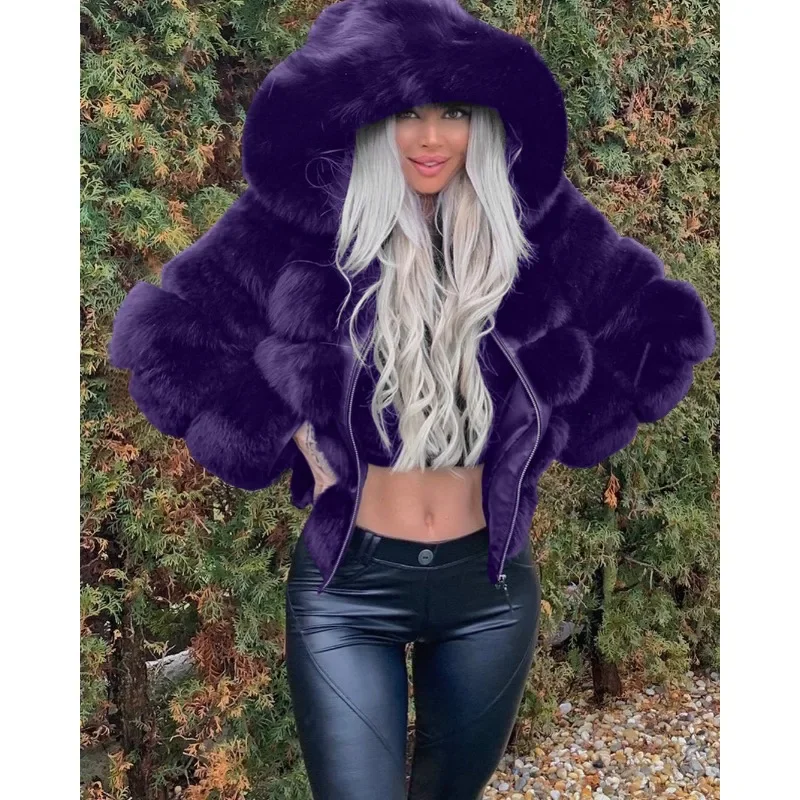 Faux Fur Coat European and American Style Fashion Long Sleeved Solid Color Hooded Autumn and Winter Warm Coat for Women