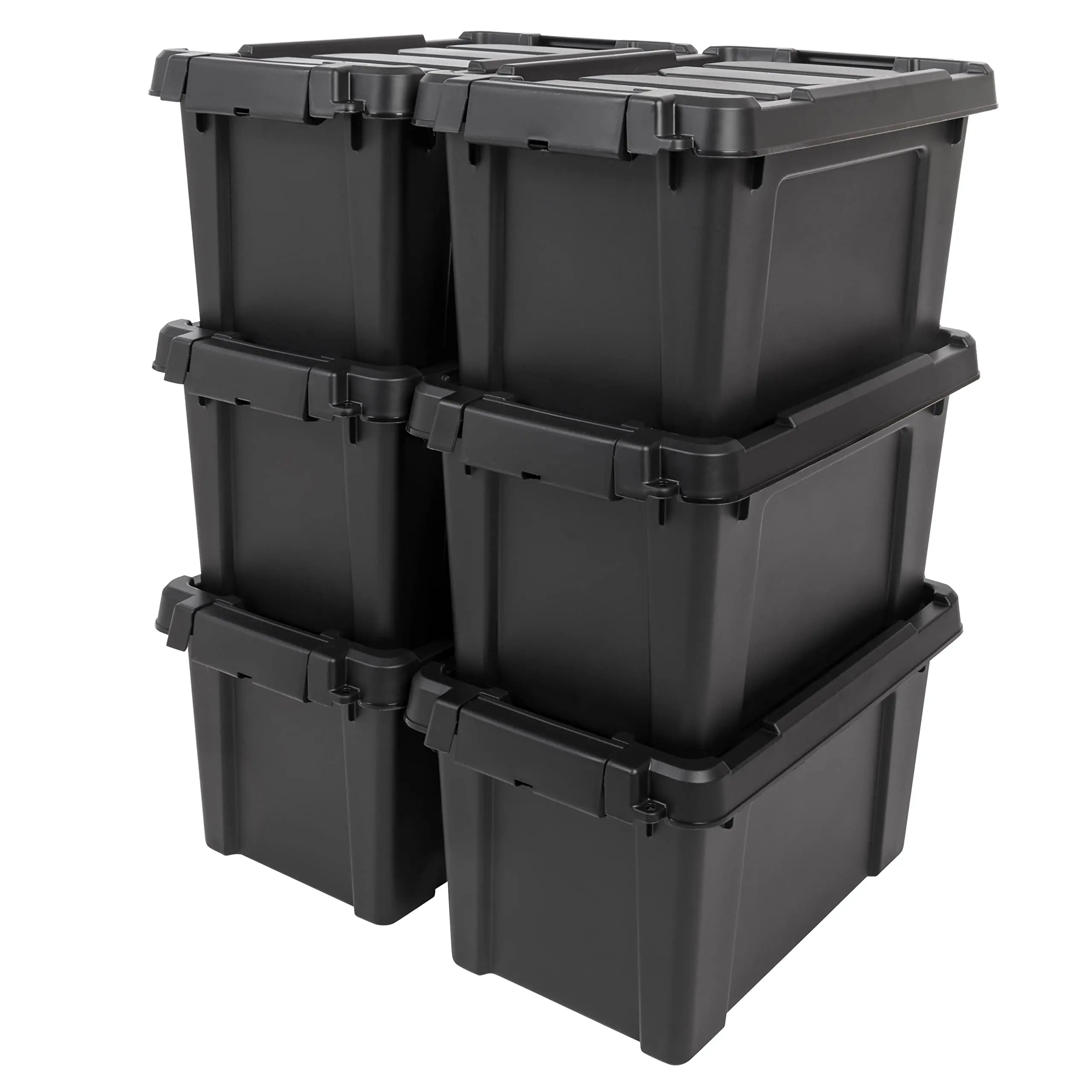 

5 Gallon Lockable Storage Totes with Lids, 6 Pack - Black, Heavy-Duty Durable Stackable Containers, Large Garage Bins