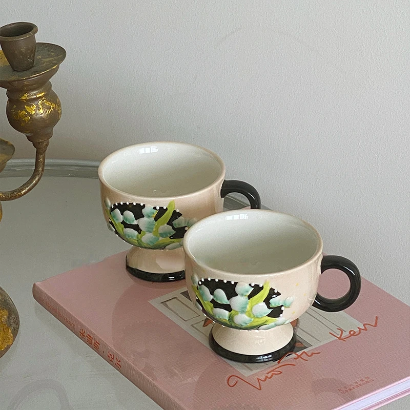 

Water Cup Hand-painted Lily of The Valley Relief High Foot Ceramic Mug Coffee Cup Milk Cup Breakfast Cup with Handle Mug