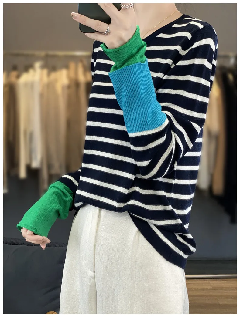 WinvyNee Women's Wool O Neck Long Sleeve Sweaters Striped Color Block Cuff Loose Fashion Spring Basic Knitted Top ZA1047014