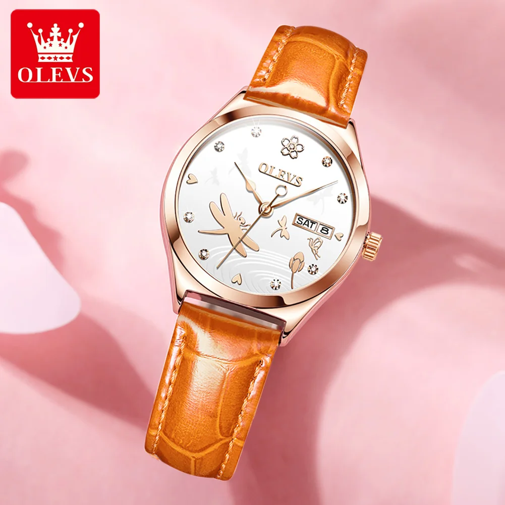 OLEVS Brand 2024 New Fashion Women Automatic Mechanical Watch Luxury Leather Strap Elegant Ladies Watch Waterproof Clock Reloj