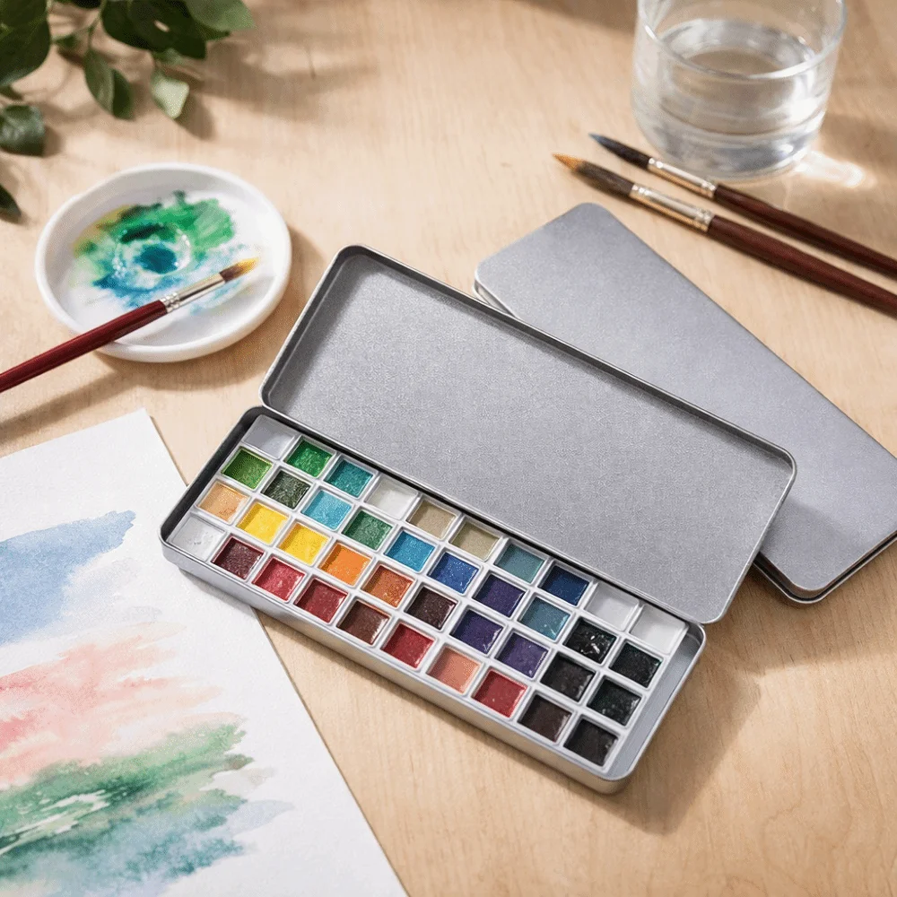 실버 컬러 수채화 포팅 박스 휴대용 빈 페인트 트레이 분리형 틴 박스 페인트 팔레트 박스 페인팅 도구