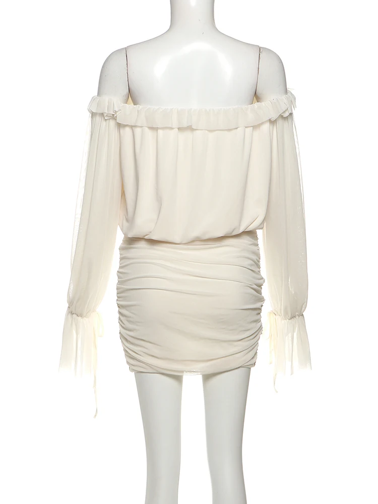 Nibber Slash Neck Dress Women Sexy See Through Drawstring Butterfly Sleeve Ruffles Ruched Skinny Peach Hip Clubwear Mini Bodycon