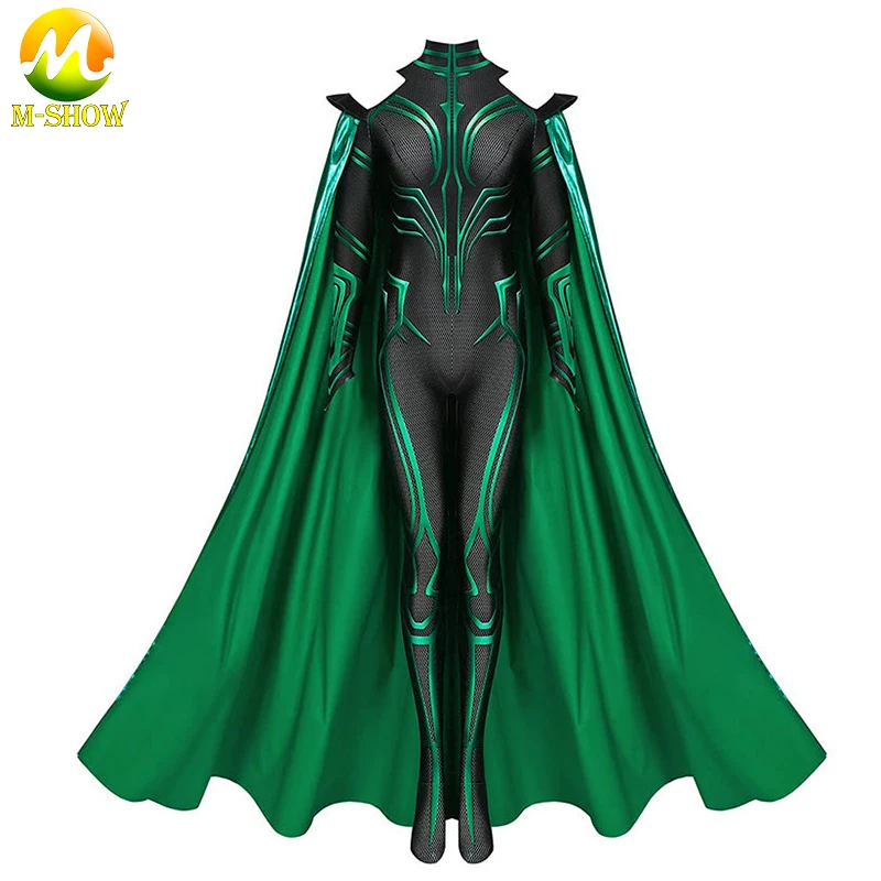 

Thor 3 Ragnarok Supervillain Hela Cosplay Costume Adults Kids Superhero Halloween Bodysuit with Cape Zentai Suit