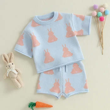 Adorable Baby Girls Easter Outfit with Bunny Print Knit Short Sleeve Top and Elastic Shorts Set - 2 Piece Cute Clothing 2