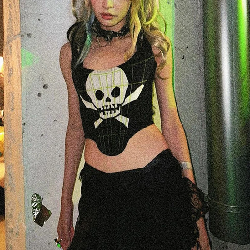 Goth Dark Emo Mall Gothic Corset Tops Cyber Y2k Skull Print Bustier Grunge Aesthetic Black Alt Vests Punk Bodycon Women Crop Top