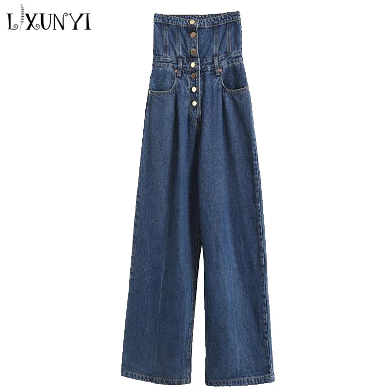 LXUNYI Vintage Jeans Women With Pocket Flanging Girdle Buttons Design Single breasted Loose Straight Floor Length Trousers Denim 2 buttons replacement remote key shell case for subaru forester impreza with uncut blade