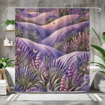 Lavender Field Shower Curtain - Purple Floral Bathroom Decor, Dreamy Nature Landscape, Waterproof Fabric, Cottagecore Bath 1