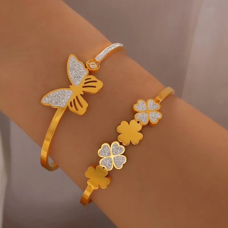 Braccialetti in acciaio inossidabile placcato oro 18 carati per le donne braccialetti a mano da donna eleganti a forma di trifoglio di serpente a farfalla  36