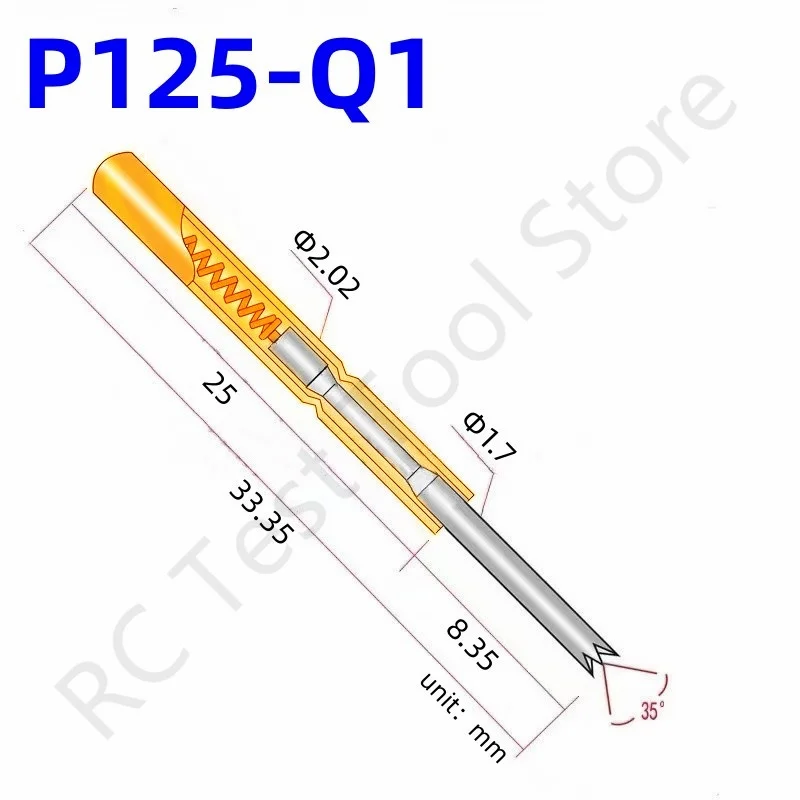 

100PCS P125-Q1 Spring Test Probe P125-Q Test Pin Pogo Pin PCB Test Tool 33.35mm Pin Dia 2.02mm Straight 4 Claws Head Dia 1.7mm