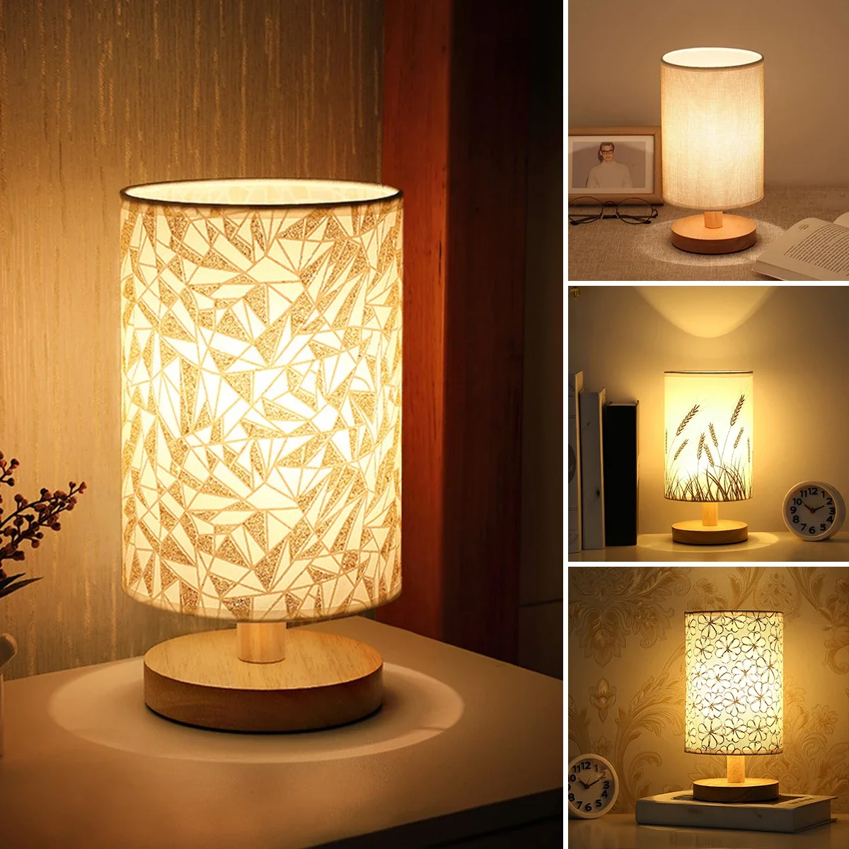 Lampada da Comodino in Lino e Legno — USB Luce Calda - immagine 9