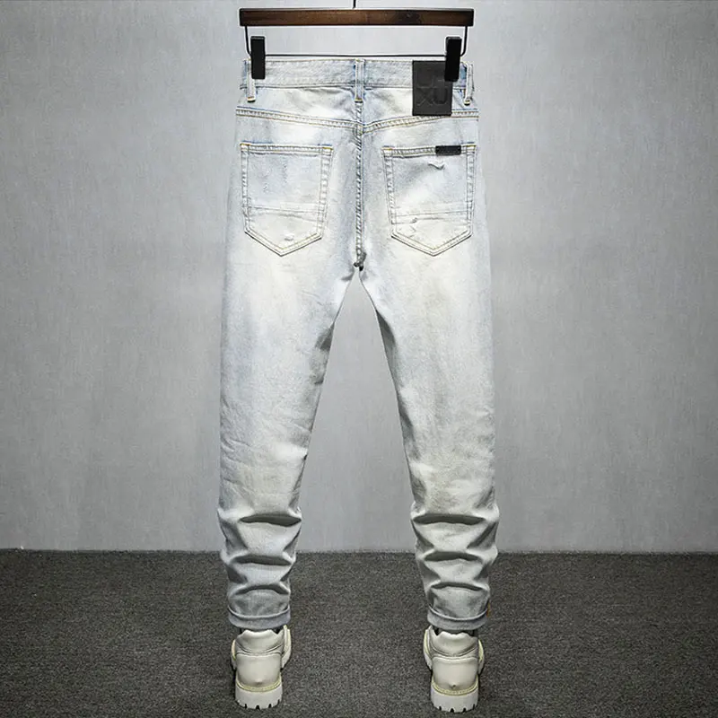 Fashion Designer Men Jeans Retro Light Blue Stretch Slim Fit Hole Ripped Jeans Men Streetwear Vintage Casual Denim Pants Hombre