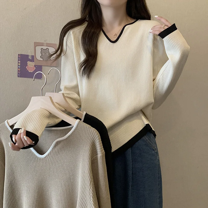

2023 Autumn/Winter New Western V-neck Knit Fat mm Loose Versatile Pullover Sweater Fashion Underlay
