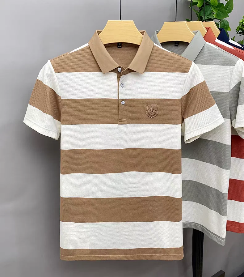 Luxury brand badge embroidered men's short sleeve polo shirt fashion wide stripe color blocked summer breathable casual T-shirt 17 S7bf17319f98943b38a8a950e0ad85ae37
