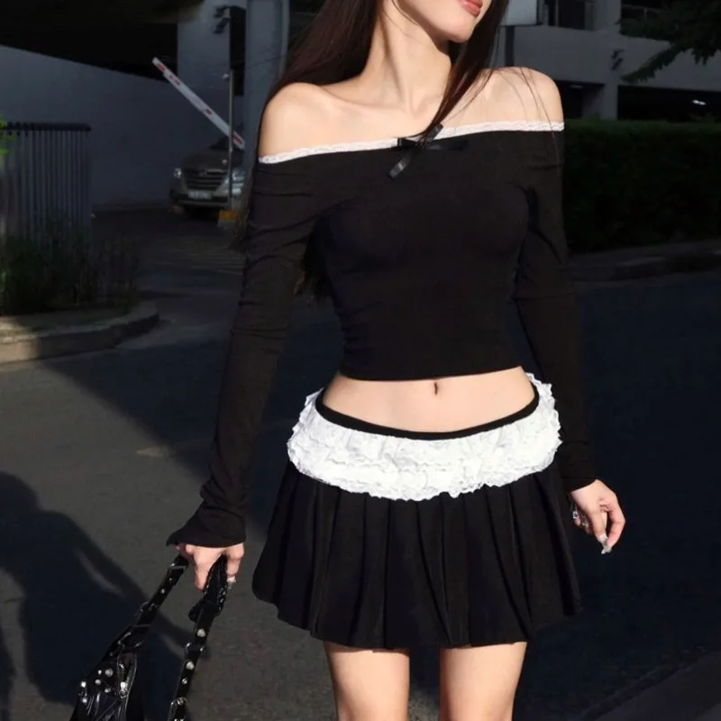 y2k Skirt Women Fairycore Clothes Lace Patchwork Low Waist Pleated Mini Skirts 2000s Evening Party Skirts Streetwear