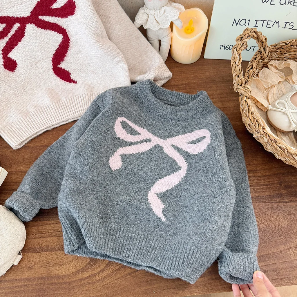 2026 겨울 신상 여아용 두꺼운 따뜻한 다용도 니트 스웨터 어린이용 달콤한 리본 자카드 스웨터