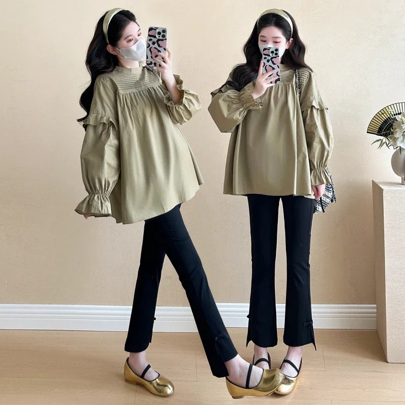 Korean Style Spring Plus Size Maternity Shirts Long Flare Sleeve A-line Pleated Blouses Pregnant Woman Cotton Shirt Coffee Pink
