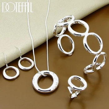 DOTEFFIL 925 Sterling Silver Round O Earring Necklace Bracelet Ring Set For Woman Man Wedding Engagement Party Fashion Jewelry