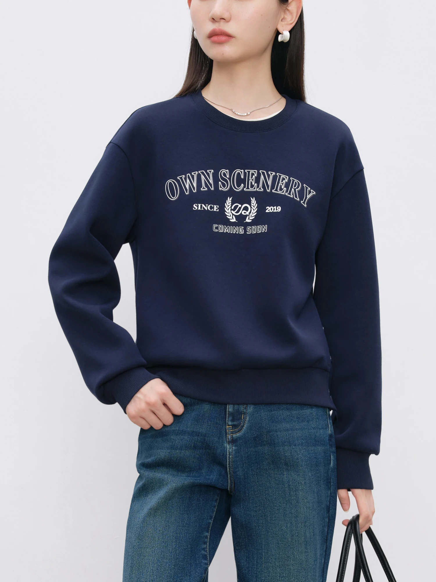 ZIQIAO Women Sweatshirts Letter Print Retro Casual Female Grey Pullover Sweatshirt Drop Sleeve Navy Blue Winter Tops 24ZQ94295 3
