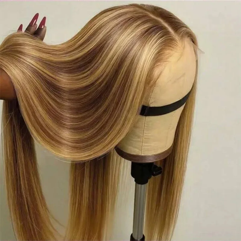 32 Inch 5x5 Straight Highlight HD Lace Front Human Hair 13x4 Lace Frontal Wigs 4/27 Ombre Honey Blonde Color Wig For Women 1