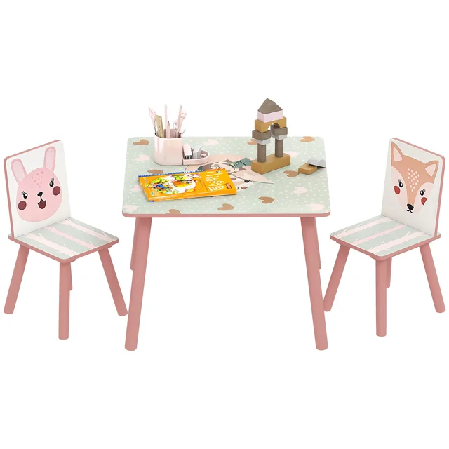Zonekiz Ensemble table et 2 chaises Ensemble de meubles pour enfants 3 pièces pour enfants +3 ans avec imprimé animal et rose 1