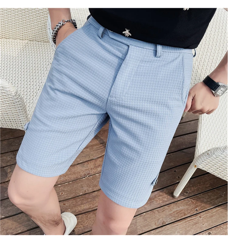 Men Summer Shorts Casual Waffle Korean Plaid Shorts Fashion