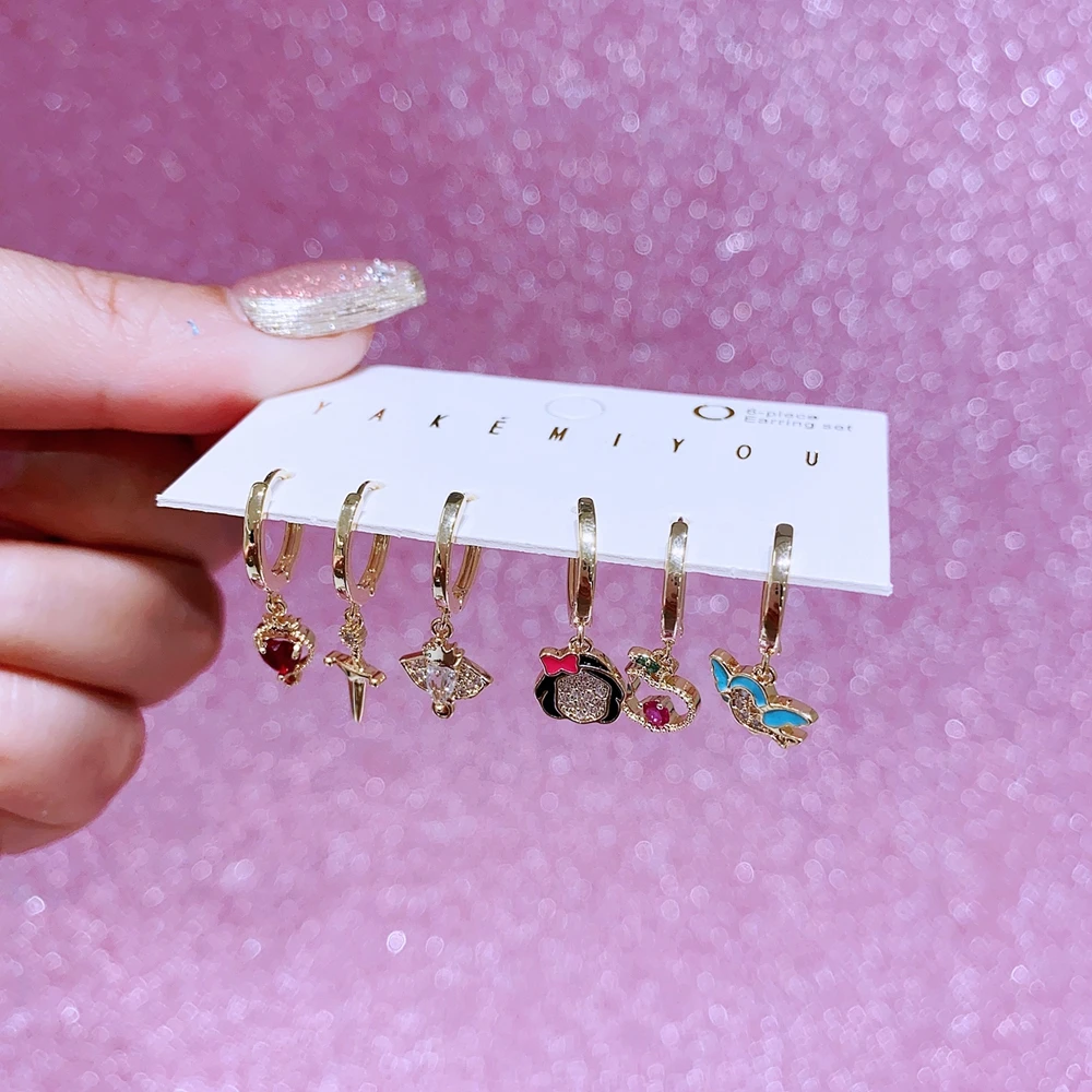 MIGGA 6pcs Lovely Snow White Villain Queen Dangle Earrings Set for Women Gold Plated Cubic Zircon Jewelry 3