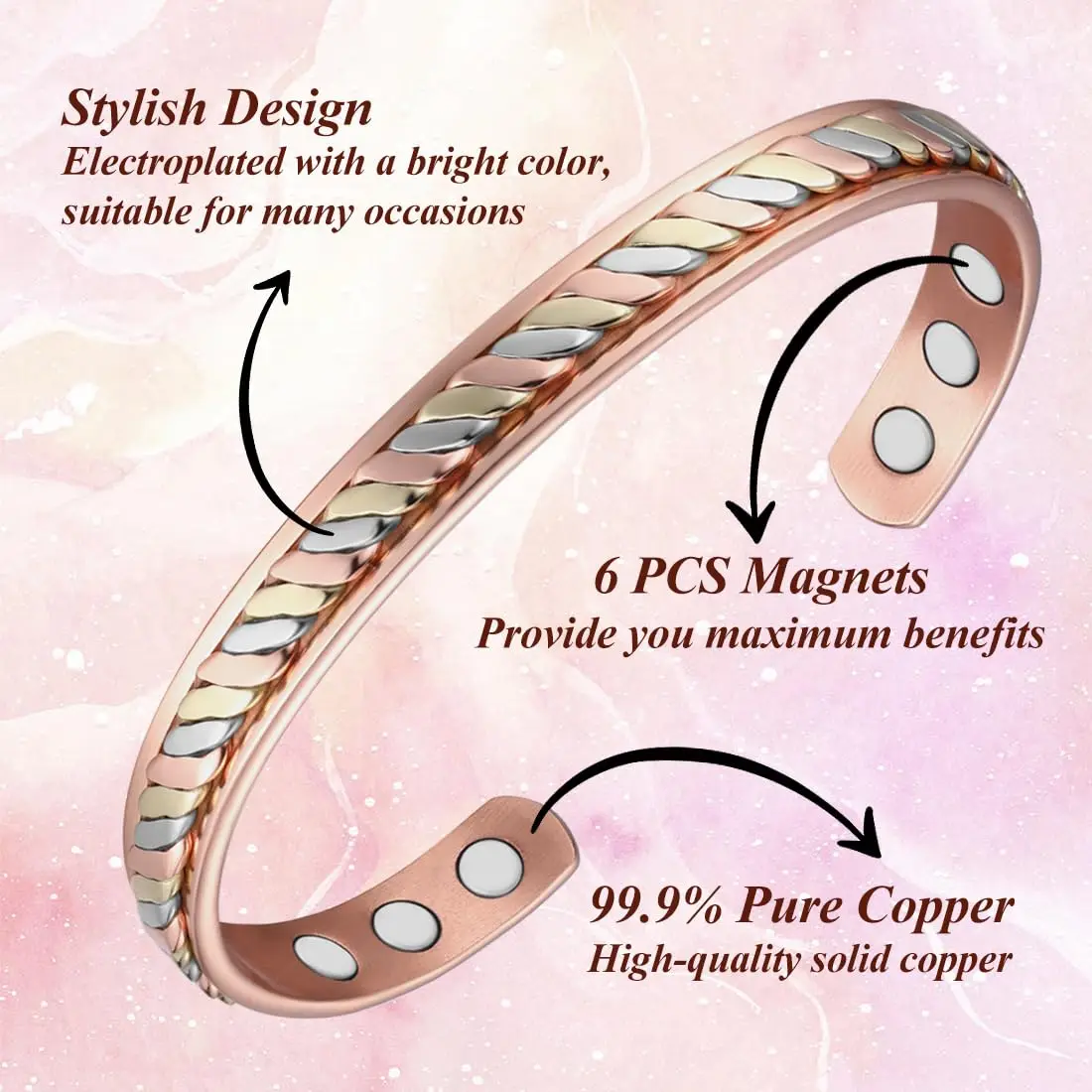 ARADOO Handwoven Copper Bracelet for Women with Ultra Strength Magnetic Cuff Bangle 6