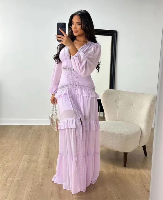 112711-0f1043.jpg Robe Maxi élégante pour femmes, à volants, manches longues, ajourée, robes de soirée, Chic, vert, bleu, violet, nouveau, vacances d'été