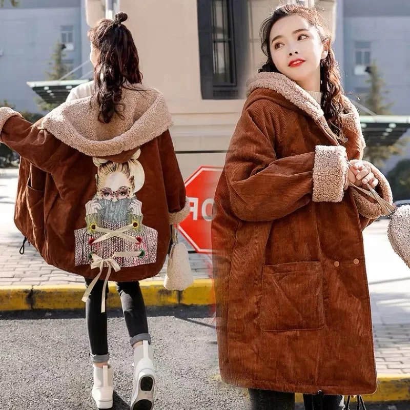 

2023 Winter Cotton Coat Women Mid length Cotton Jacket Korean Loose Cotton Coat Imitation Lamb Wool Corduroy Coat Thick Commuter