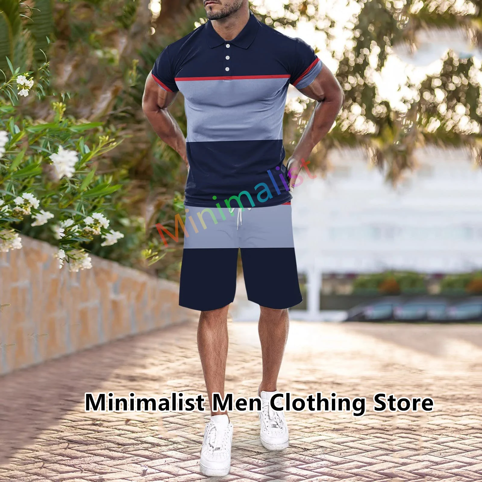 Men's Polo Suit Summer New Fashion Luxury Brand Casual Suit Button Lapel Striped T-shirt Short Sleeve Male 2 Piece Outfits
