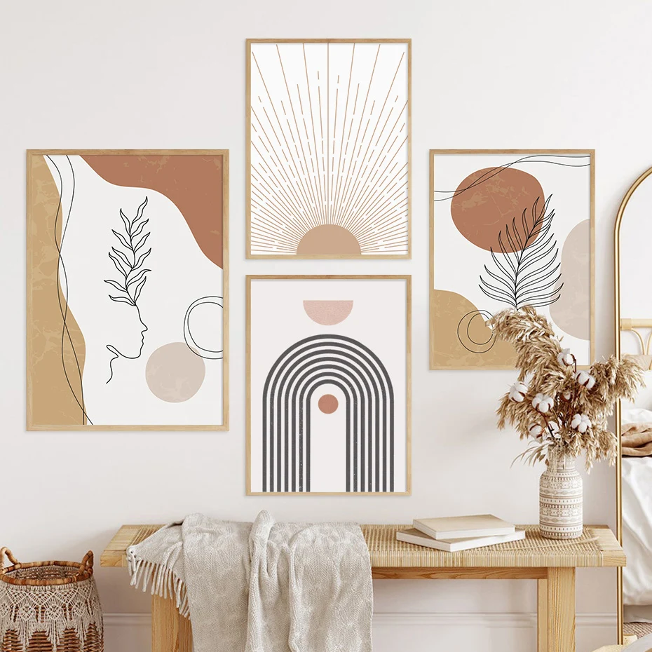 Boho Line Wall Art Beige Boho Painting Picture Geometric Boho Minimalist  Line Art Print Wall Abstract Minimalist Geometric Sun Canvas Wall Art Mid