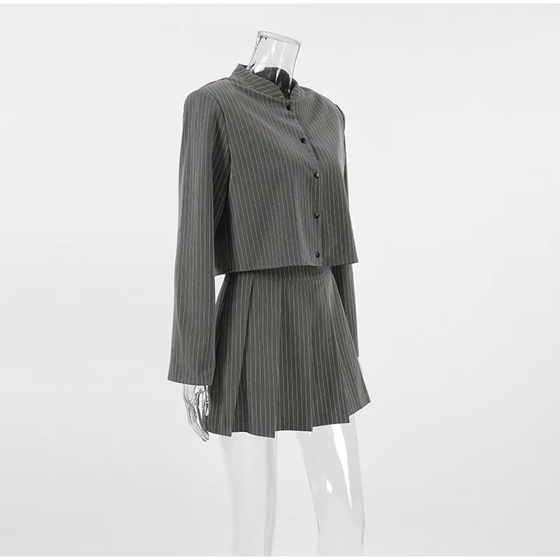 Striped Short Jackets Skirts Set Women Casual Long Sleeve Suit Coat Mini Skirt Sets Female Elegant Chic Gray Outfits Streetwear